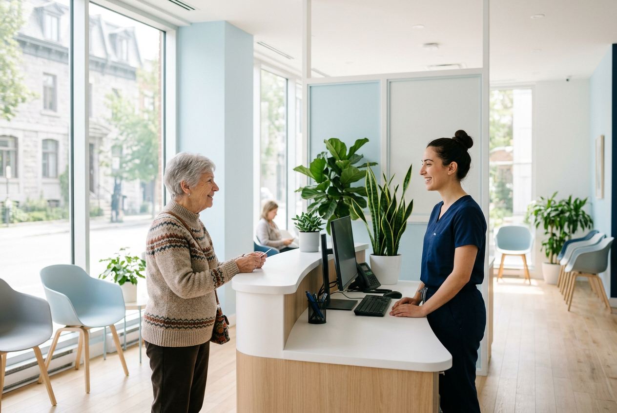 A receptionist welcoming a patient at the clinic front desk